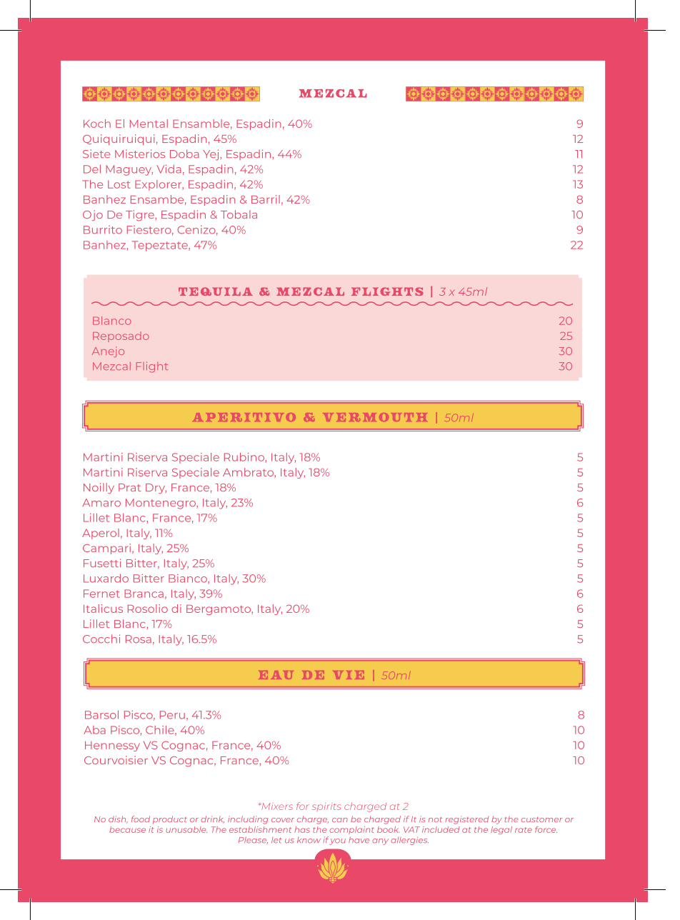 Agave Cocktail Lab drinks menu — Mezcal, Vermouth, Eau de Vie